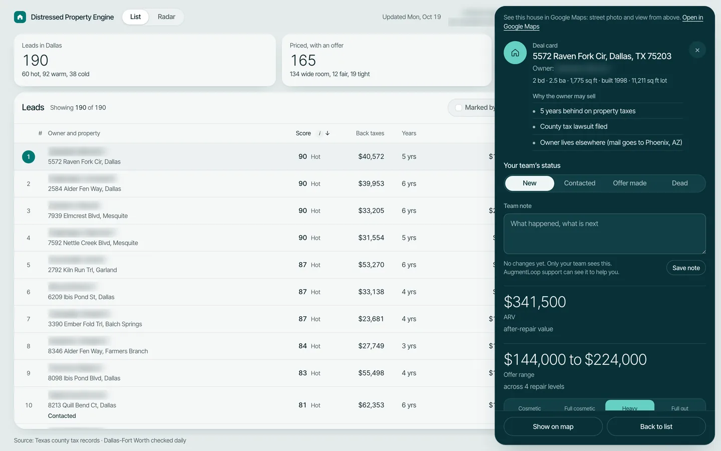 A deal card: one lead's price, what it owes and what to offer.