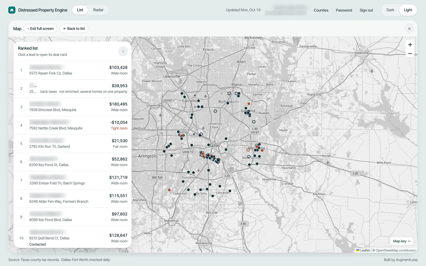 The lead engine's map: a ranked list beside a map of Dallas with a pin for each lead.