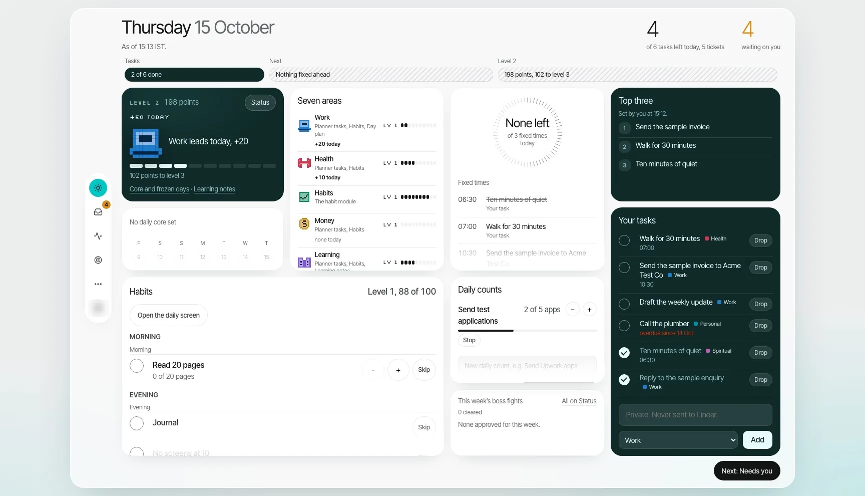 The planner's Today screen: the day's tasks, habits and what needs attention, in a light layout.