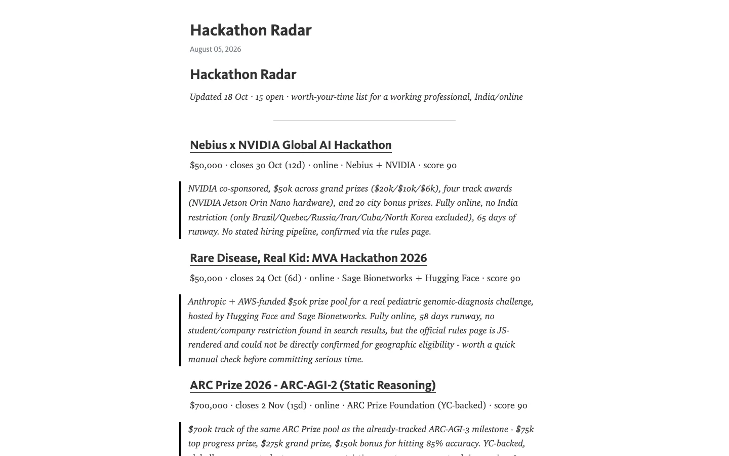 The Hackathon Radar board: a daily list of hackathons, each with prize, deadline and a fit score.